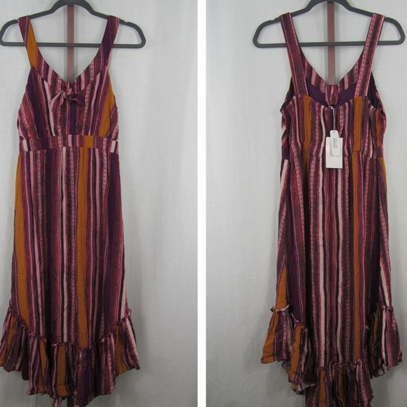 Eyeshadow Dresses & Skirts - Eyeshadow Purple Striped Front-Tie Midi Ruffled Dress